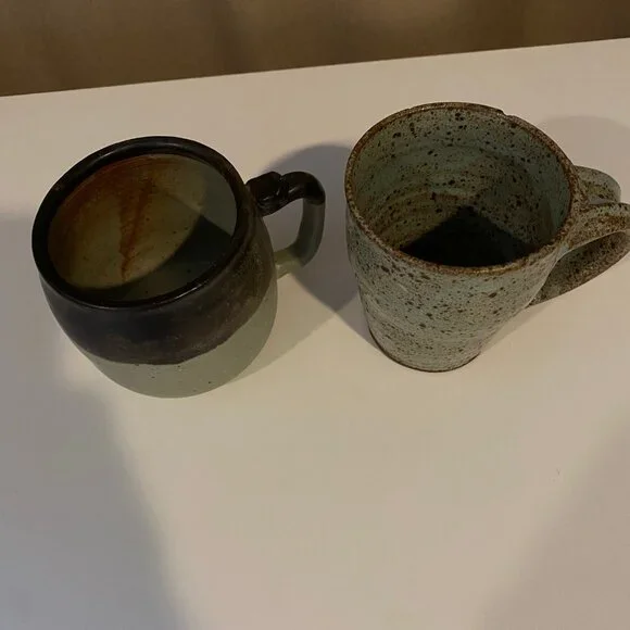 Set of 2 Rustic Stoneware‎ Mugs Green and Brown Speckled Handmade Look - Picture 5 of 8